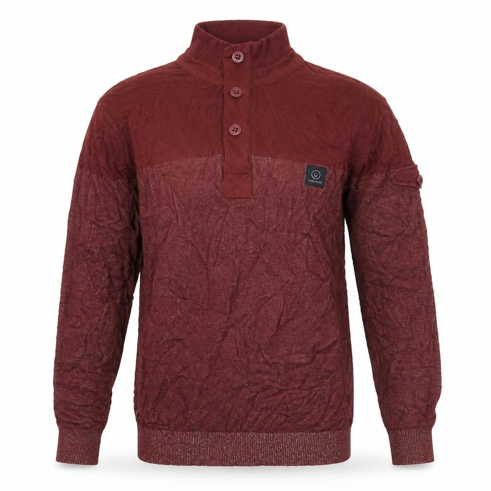 Front view of Duck and Cover Men’s Red Cotton Henley Jumper, size M
