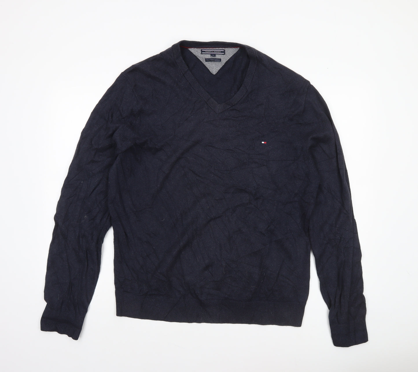 Tommy Hilfiger Men's Blue XL V-Neck Cotton Cashmere Jumper