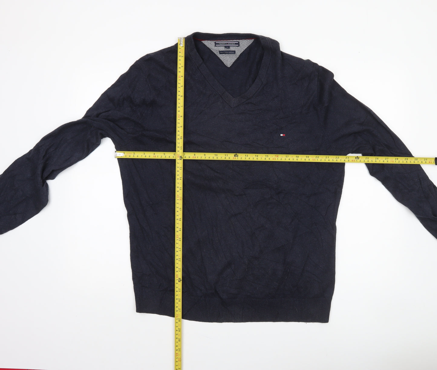 Tommy Hilfiger Men's Blue XL V-Neck Cotton Cashmere Jumper