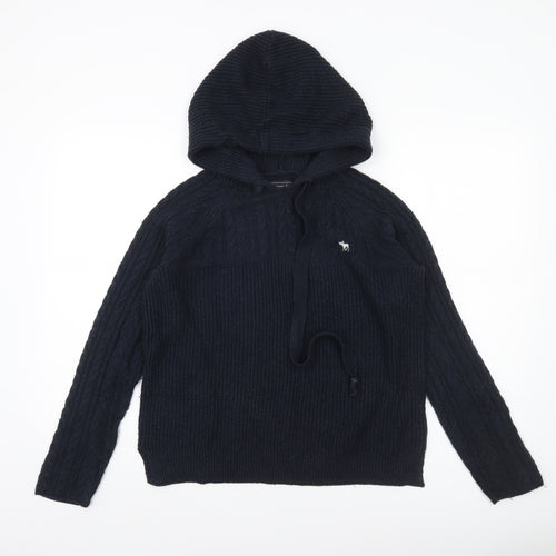 Abercrombie & Fitch Women's Black Cable-Knit Hooded Jumper Size M