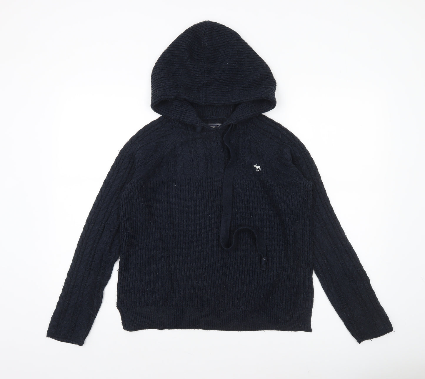 Abercrombie & Fitch Women's Black Cable-Knit Hooded Jumper Size M