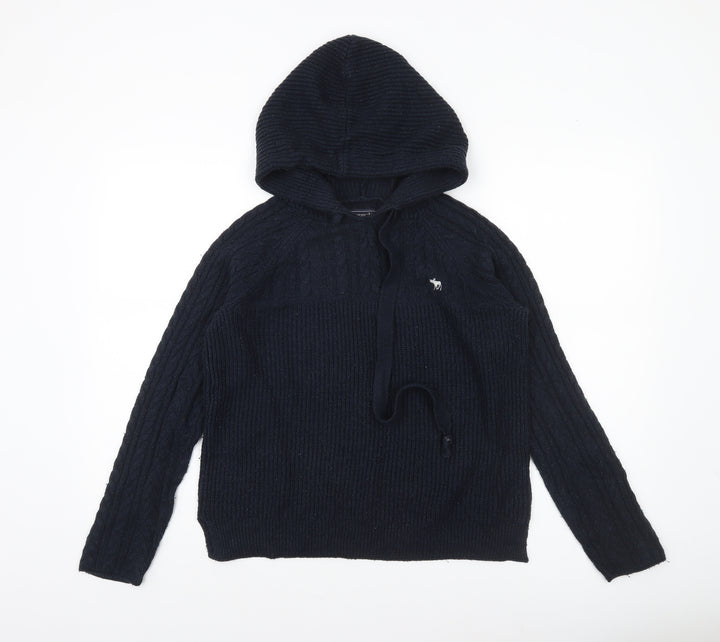 Abercrombie & Fitch Women's Black Cable-Knit Hooded Jumper Size M