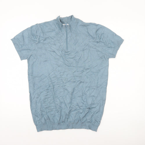 Zara Men’s Blue Cotton 1/2 Zip Short Sleeve Jumper M
