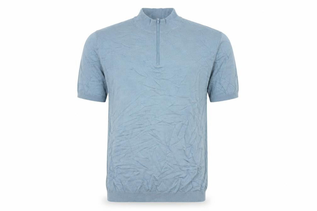 Front view of Zara Men’s Blue Cotton 1/2 Zip Short Sleeve Jumper M