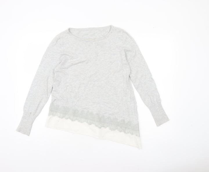 Mint Velvet Womens Grey Size 12 Round Neck Lace Trim Jumper