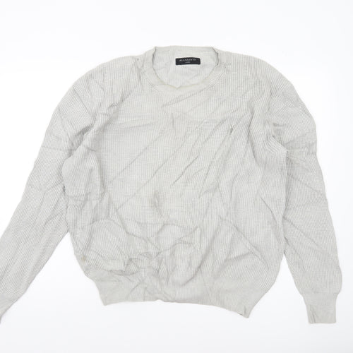 AllSaints Men’s Grey Waffle Knit Cotton Jumper L Crew Neck