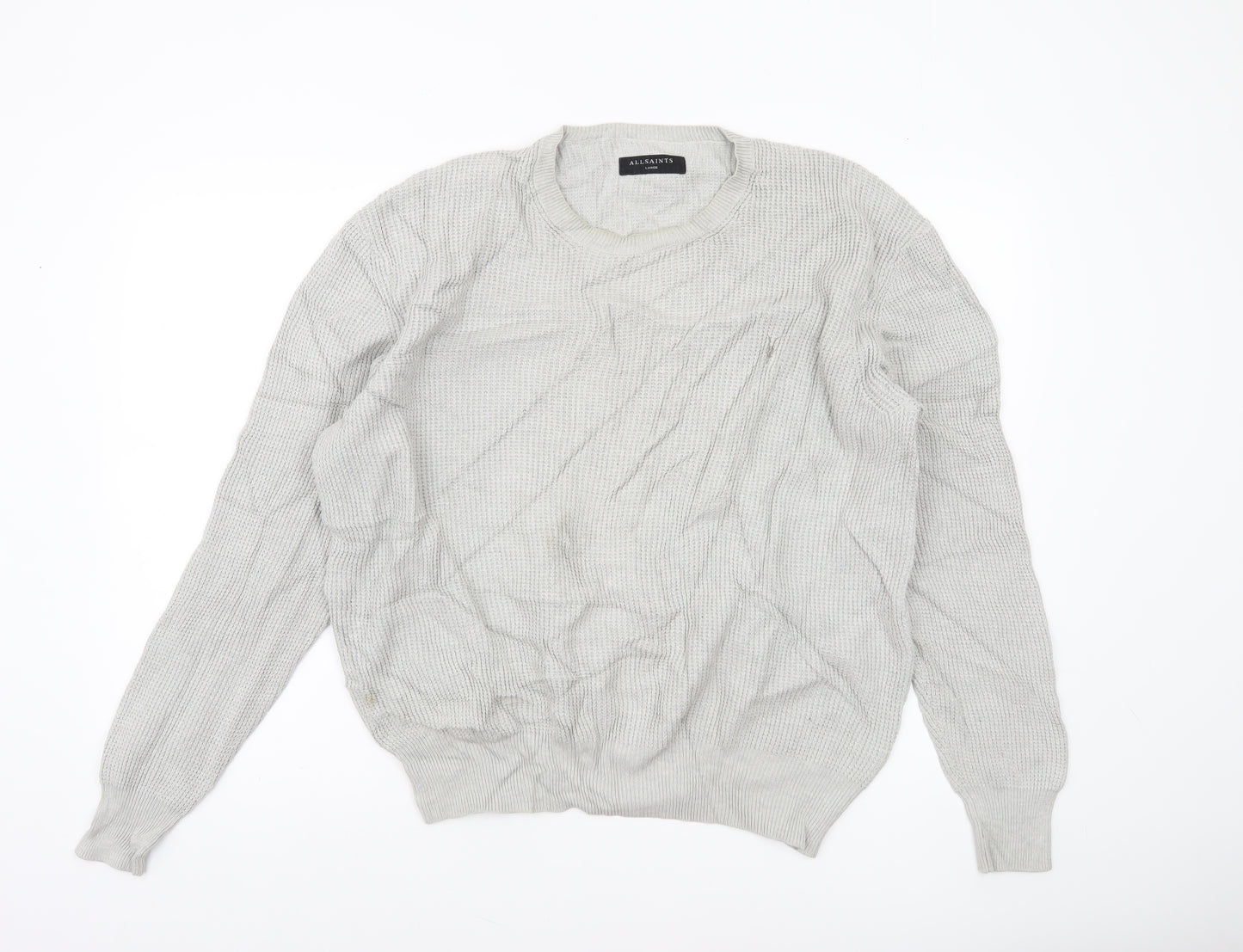 AllSaints Men’s Grey Waffle Knit Cotton Jumper L Crew Neck