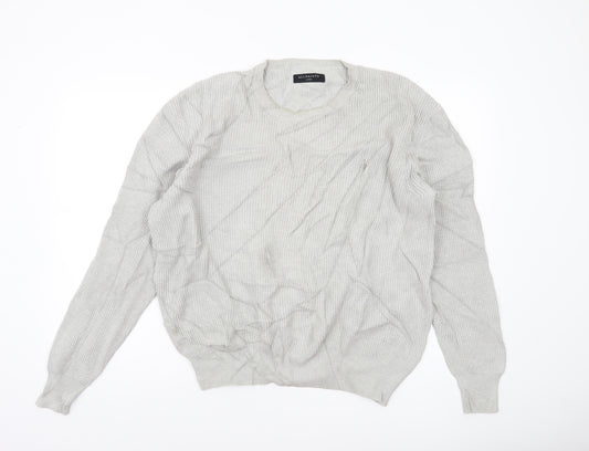 AllSaints Men’s Grey Waffle Knit Cotton Jumper L Crew Neck