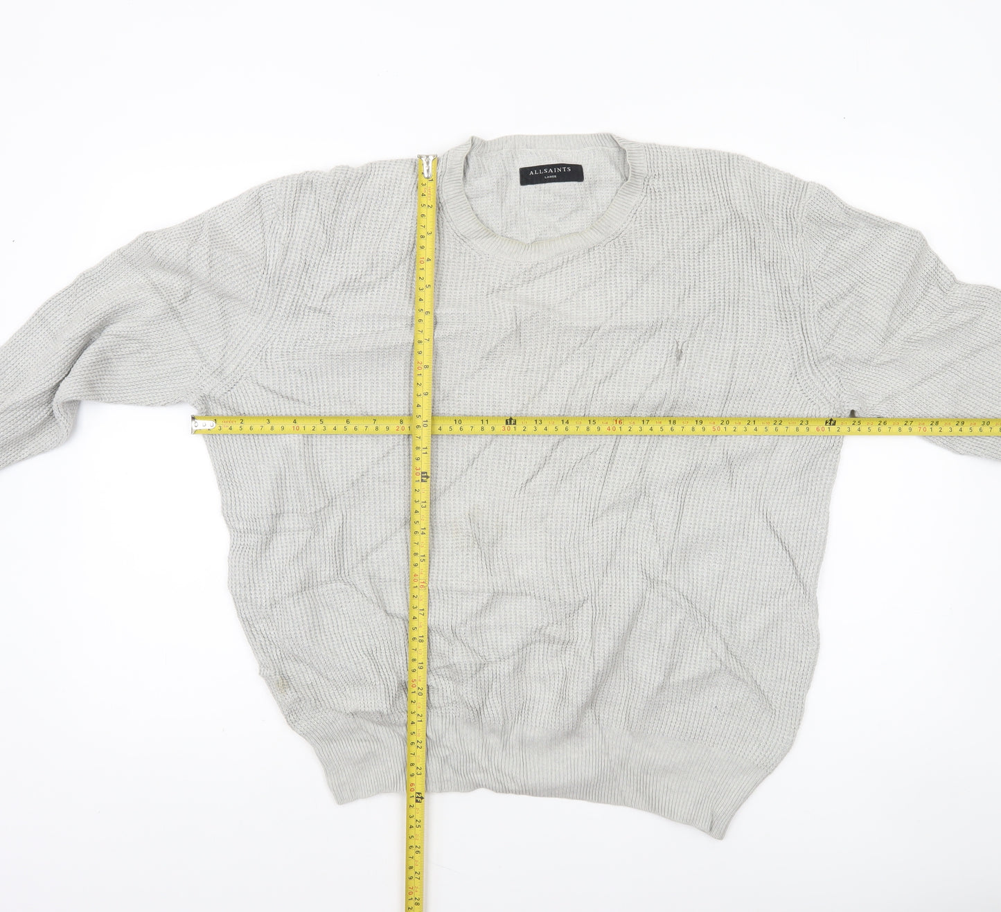 AllSaints Men’s Grey Waffle Knit Cotton Jumper L Crew Neck
