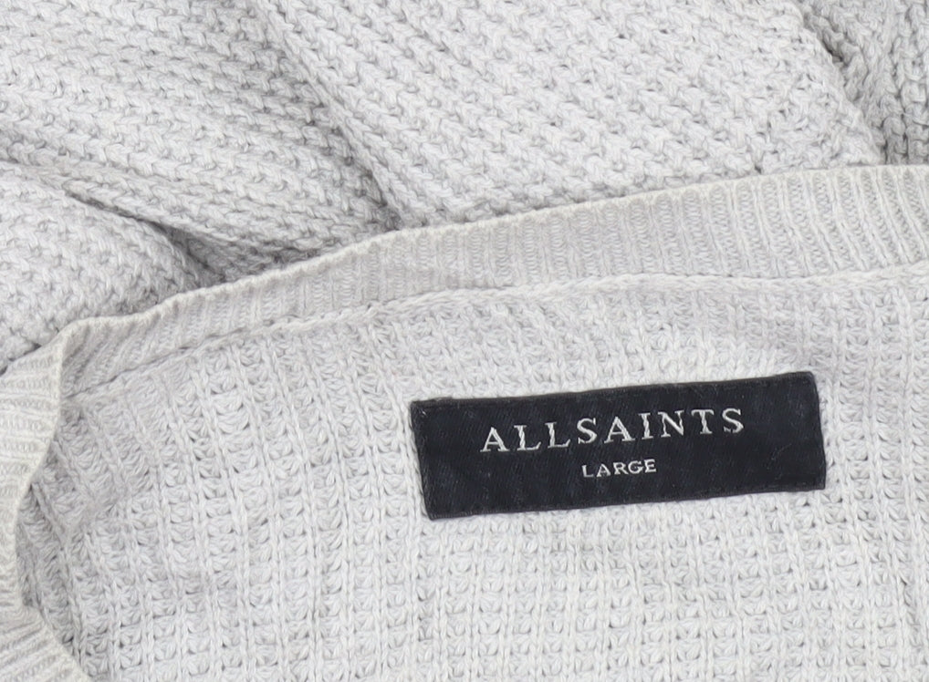 AllSaints Men’s Grey Waffle Knit Cotton Jumper L Crew Neck