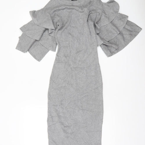 CQ by CQ Women Grey Midi Bodycon Knit Dress Small Ruffle Sleeves