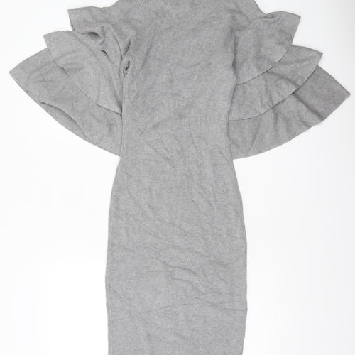 CQ by CQ Women Grey Midi Bodycon Knit Dress Small Ruffle Sleeves
