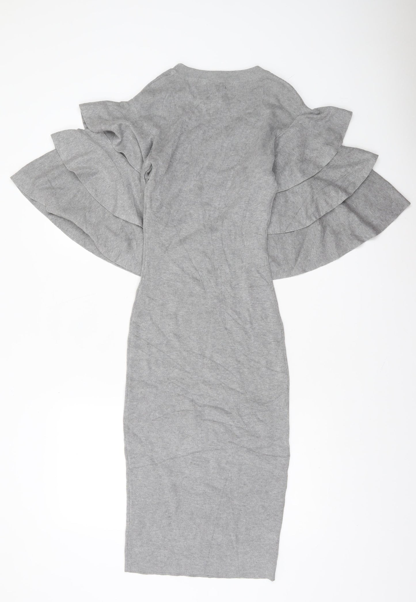 CQ by CQ Women Grey Midi Bodycon Knit Dress Small Ruffle Sleeves