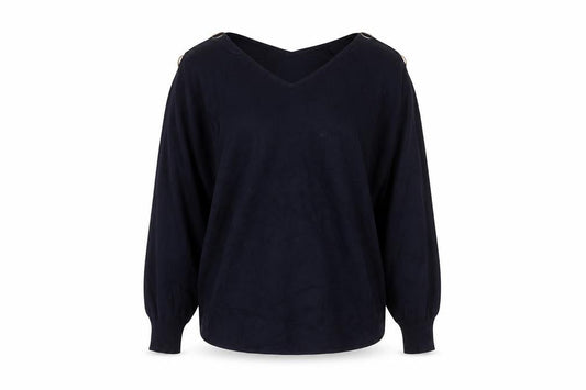 Front view of Phase Eight women’s blue v-neck relaxed fit jumper, size S