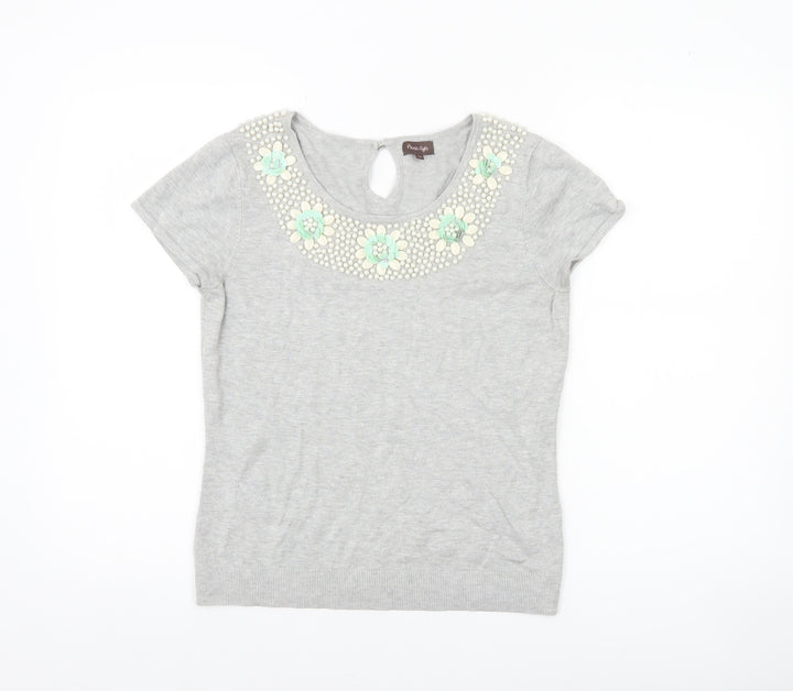 Phase Eight Women’s Grey Beaded Round Neck Short Sleeve Pullover Jumper Size 12