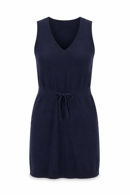 Front view of Gap women’s blue sleeveless knit jumper dress xl v-neck belted