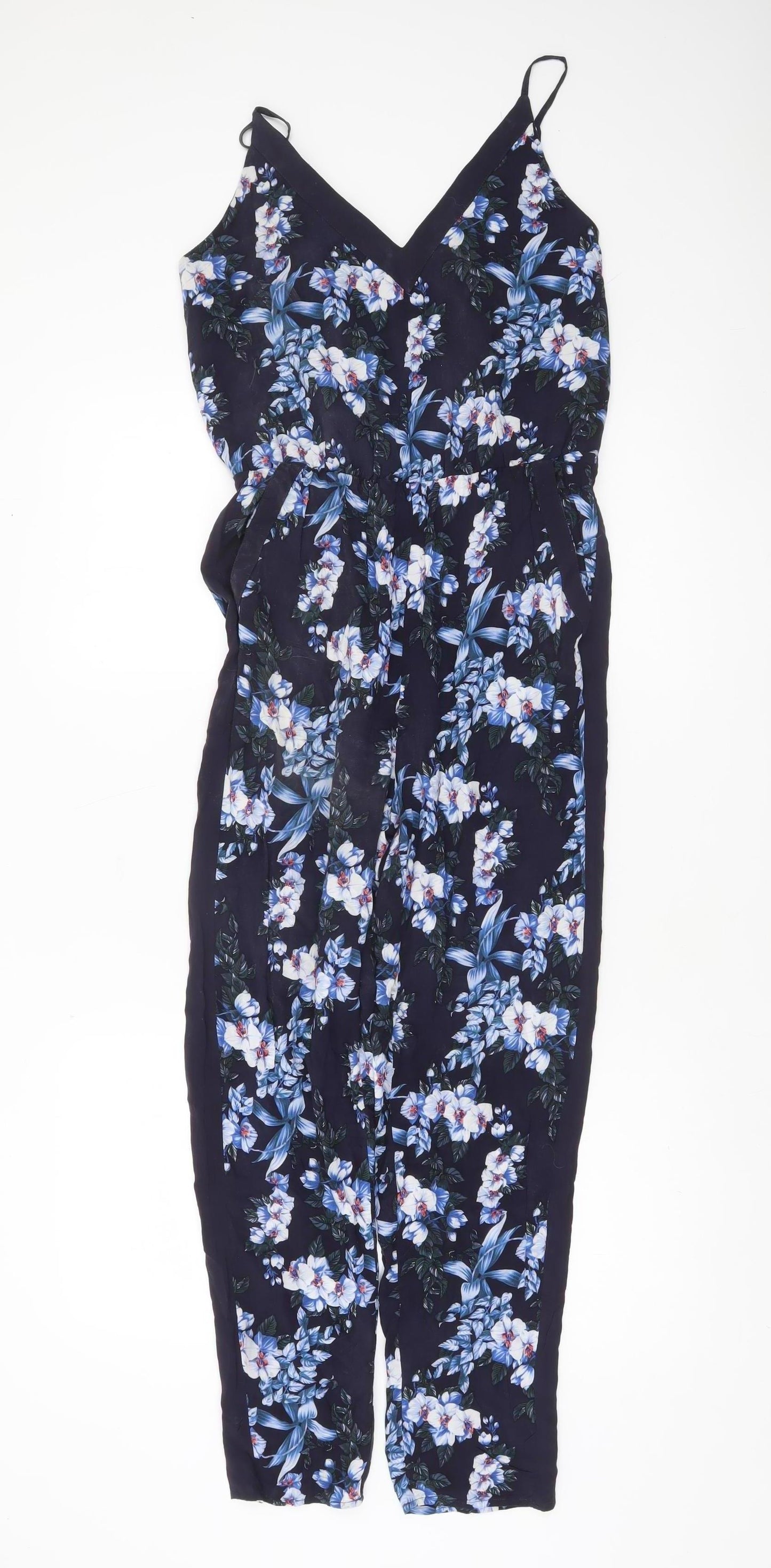 Oasis Women's Navy Floral Viscose Jumpsuit Size 8 Sleeveless Summer