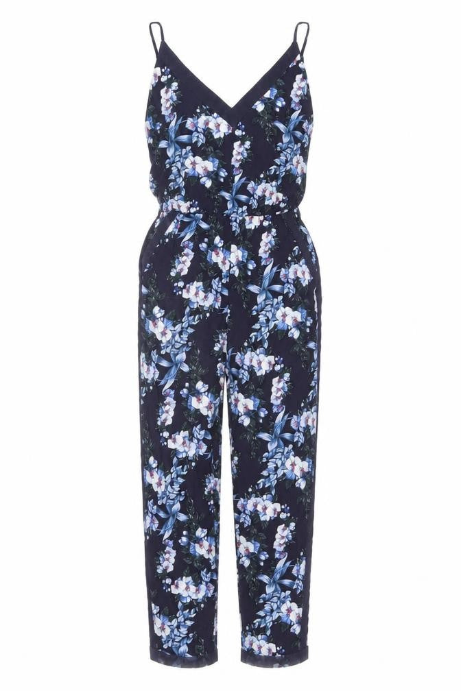 Oasis Women's Navy Floral Viscose Jumpsuit Size 8 Sleeveless Summer