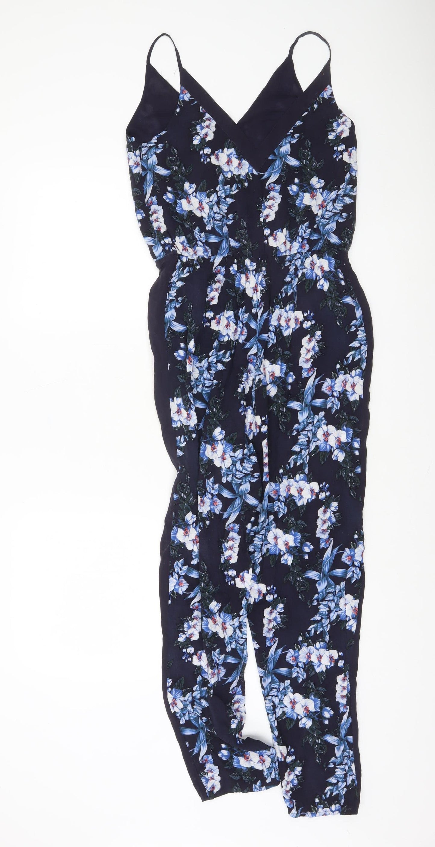Oasis Women's Navy Floral Viscose Jumpsuit Size 8 Sleeveless Summer