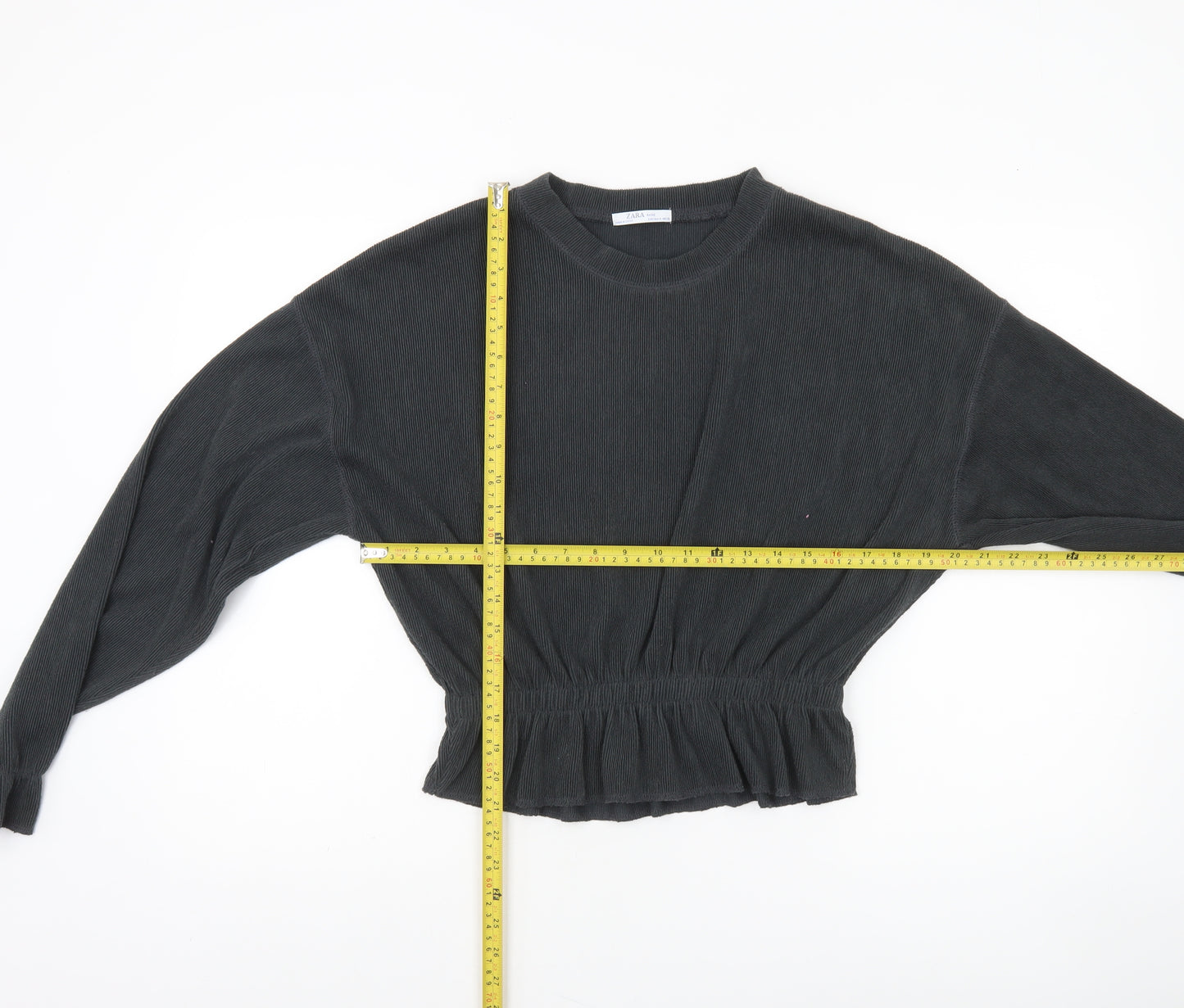 Zara Women Black Cropped Knit Blouse Size 12 Long Sleeve