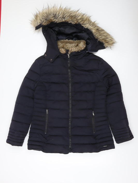 Firetrap Womens Black Faux Fur Hooded Puffer Jacket Size 14