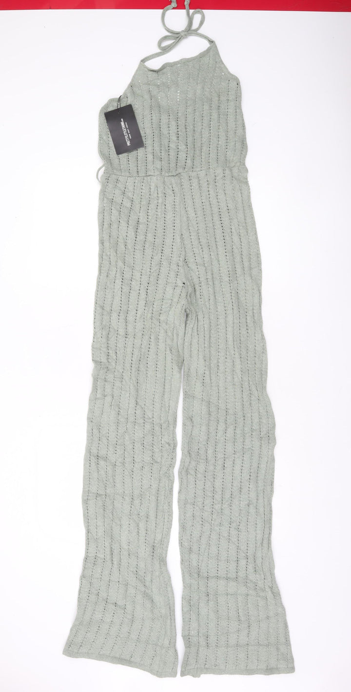 PrettyLittleThing Women’s Sage Green Knit Halterneck Jumpsuit Size M UK 12