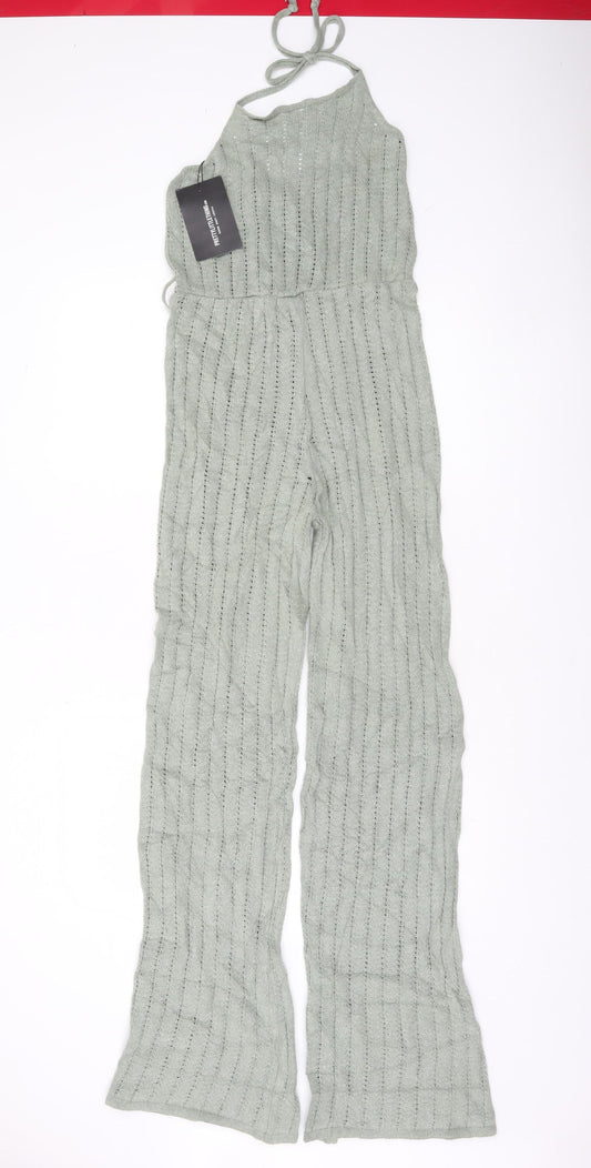 PrettyLittleThing Women’s Sage Green Knit Halterneck Jumpsuit Size M UK 12