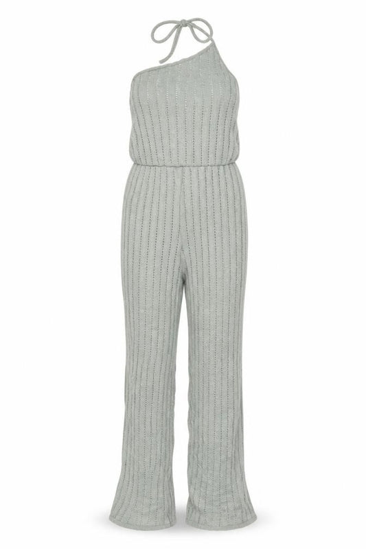 Front view of PRETTYLITTLETHING Women’s Sage Green Knit Halterneck Jumpsuit, size M, UK 12