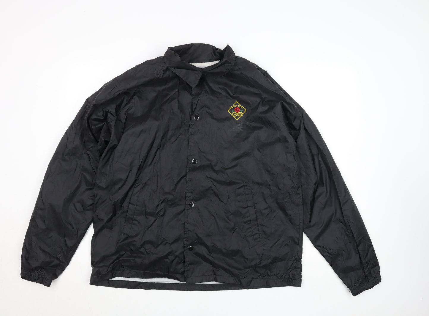 PASS PORT Women's Black Nylon Coach Jacket Size L Embroidered Logo