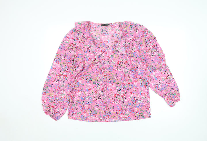Dunnes Stores Women's Pink Floral Long Sleeve Wrap Blouse Size S