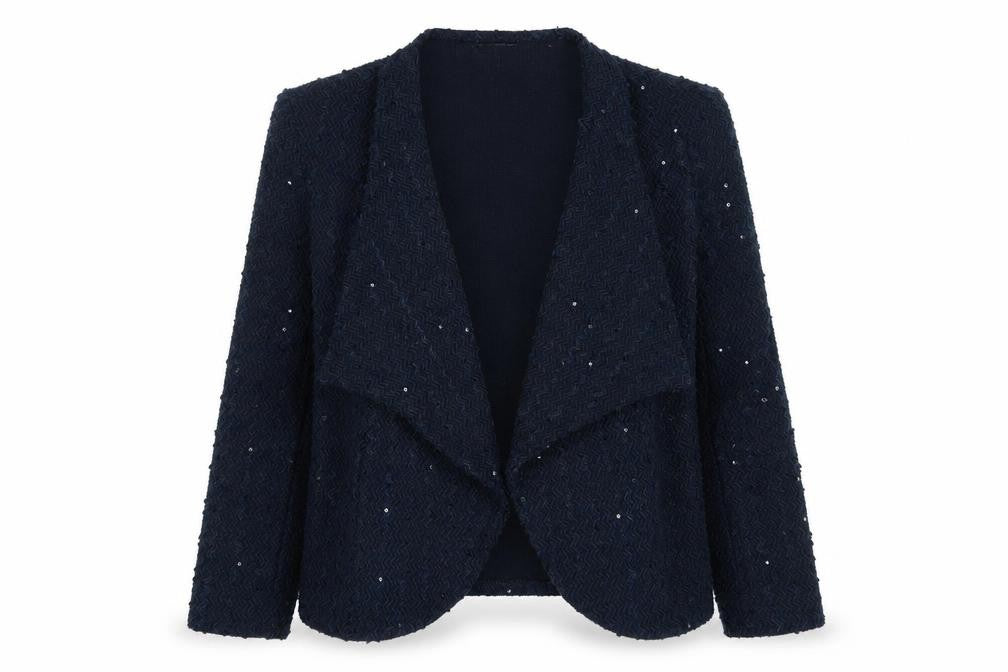 Front view of Belle & Blossom Women's Blue Bouclé Sequin Open Front Blazer UK 12