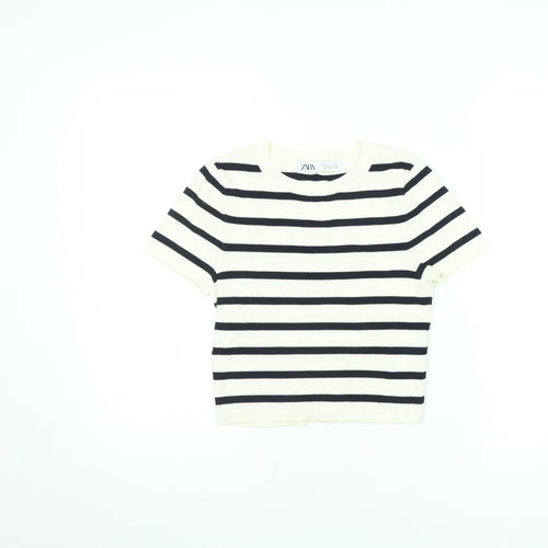 ZARA Women’s White Black Striped Cropped Knit T-Shirt Size M