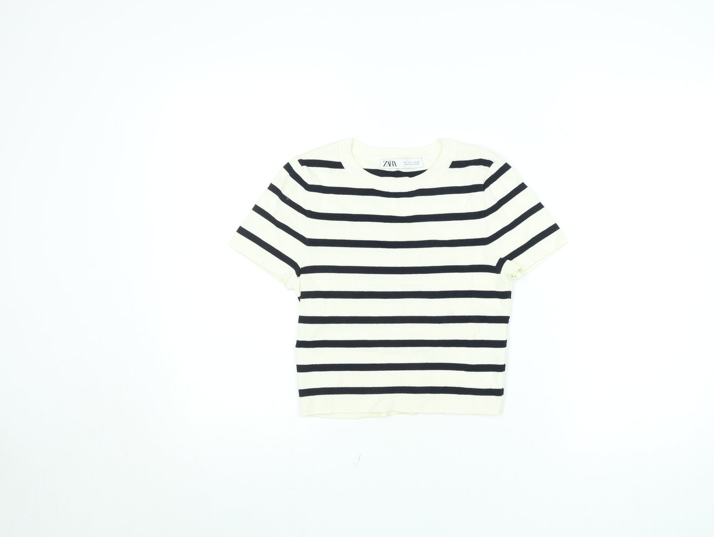 ZARA Women’s White Black Striped Cropped Knit T-Shirt Size M