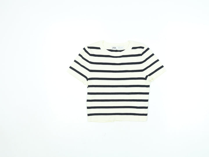 ZARA Women’s White Black Striped Cropped Knit T-Shirt Size M