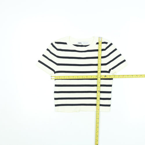 ZARA Women’s White Black Striped Cropped Knit T-Shirt Size M