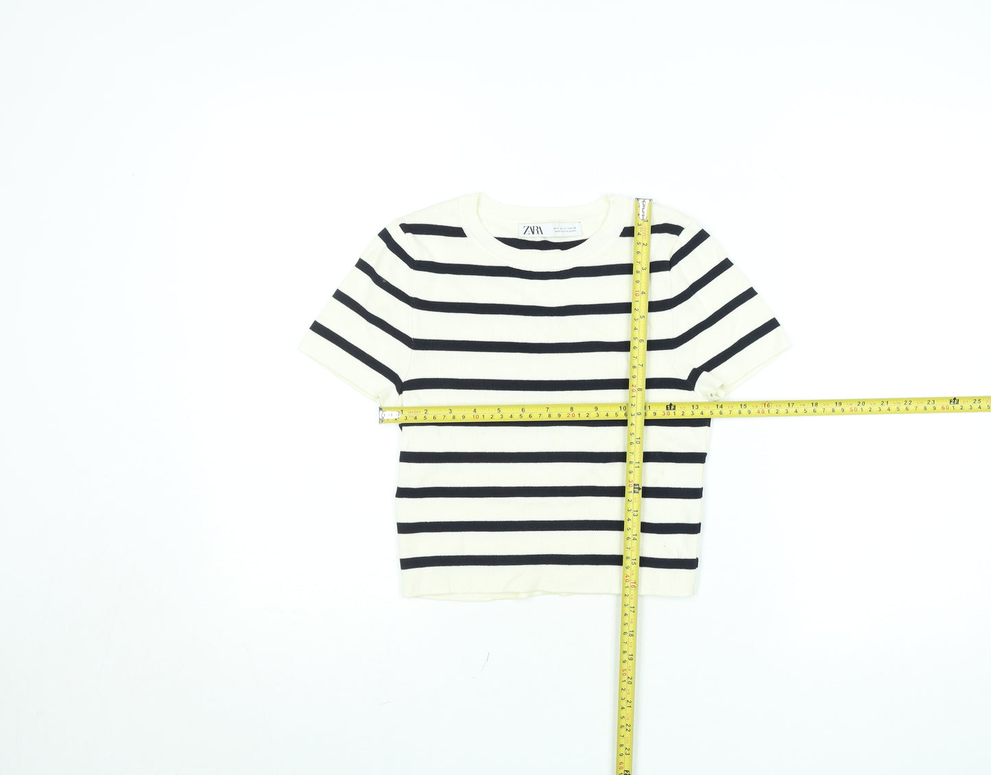 ZARA Women’s White Black Striped Cropped Knit T-Shirt Size M