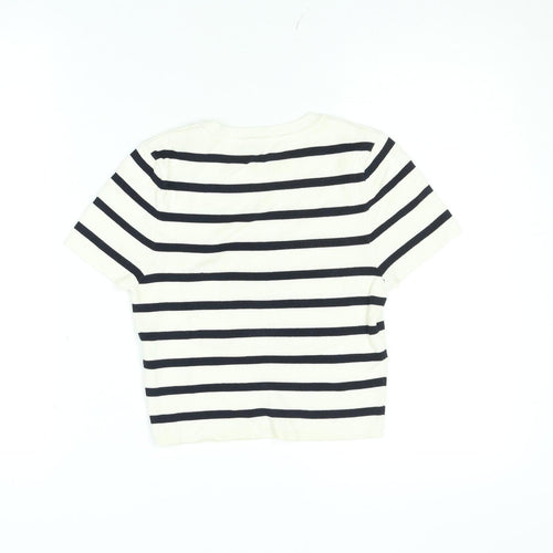 ZARA Women’s White Black Striped Cropped Knit T-Shirt Size M