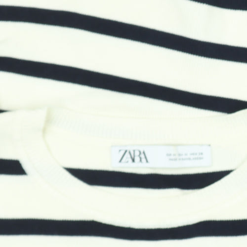 ZARA Women’s White Black Striped Cropped Knit T-Shirt Size M
