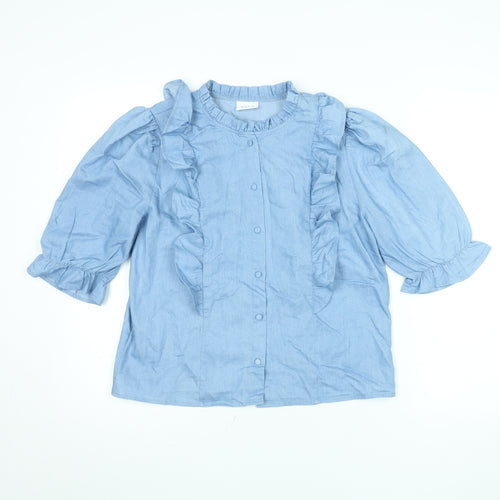 Vila Womens Blue Ruffle Cotton Blouse Size 14 3/4 Sleeve