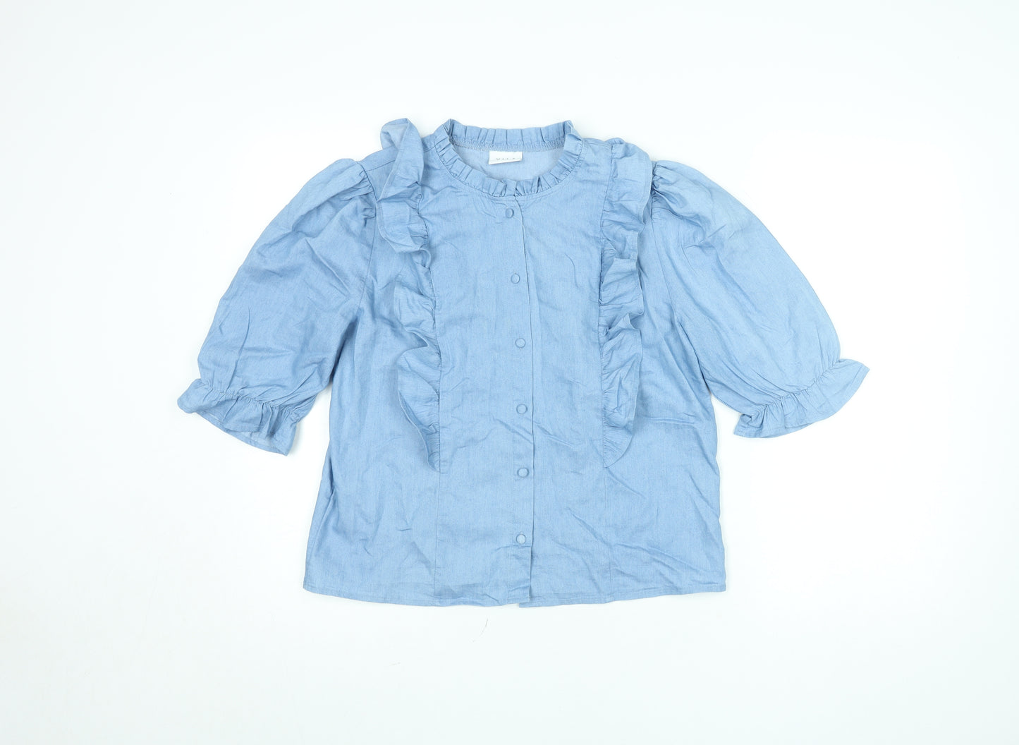 Vila Womens Blue Ruffle Cotton Blouse Size 14 3/4 Sleeve