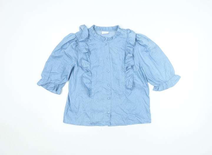 Vila Womens Blue Ruffle Cotton Blouse Size 14 3/4 Sleeve