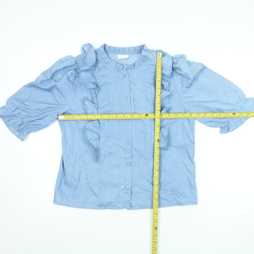 Vila Womens Blue Ruffle Cotton Blouse Size 14 3/4 Sleeve