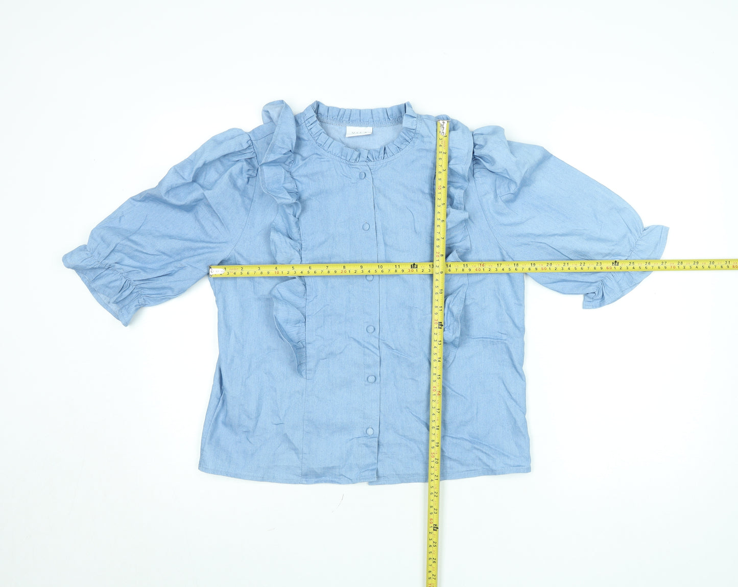 Vila Womens Blue Ruffle Cotton Blouse Size 14 3/4 Sleeve
