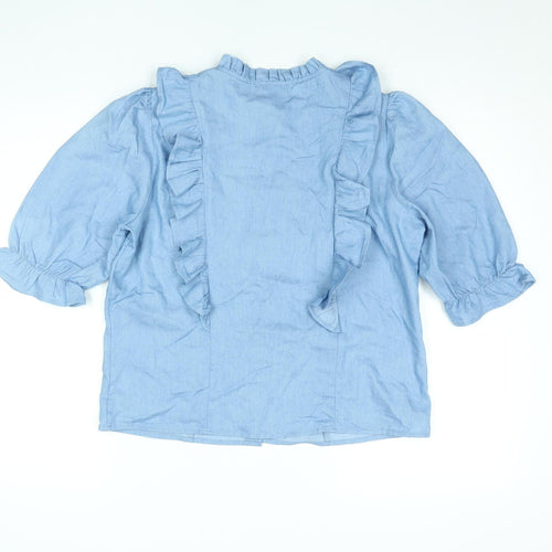 Vila Womens Blue Ruffle Cotton Blouse Size 14 3/4 Sleeve