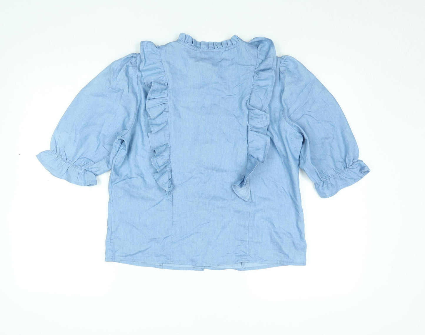 Vila Womens Blue Ruffle Cotton Blouse Size 14 3/4 Sleeve