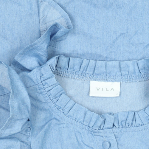 Vila Womens Blue Ruffle Cotton Blouse Size 14 3/4 Sleeve