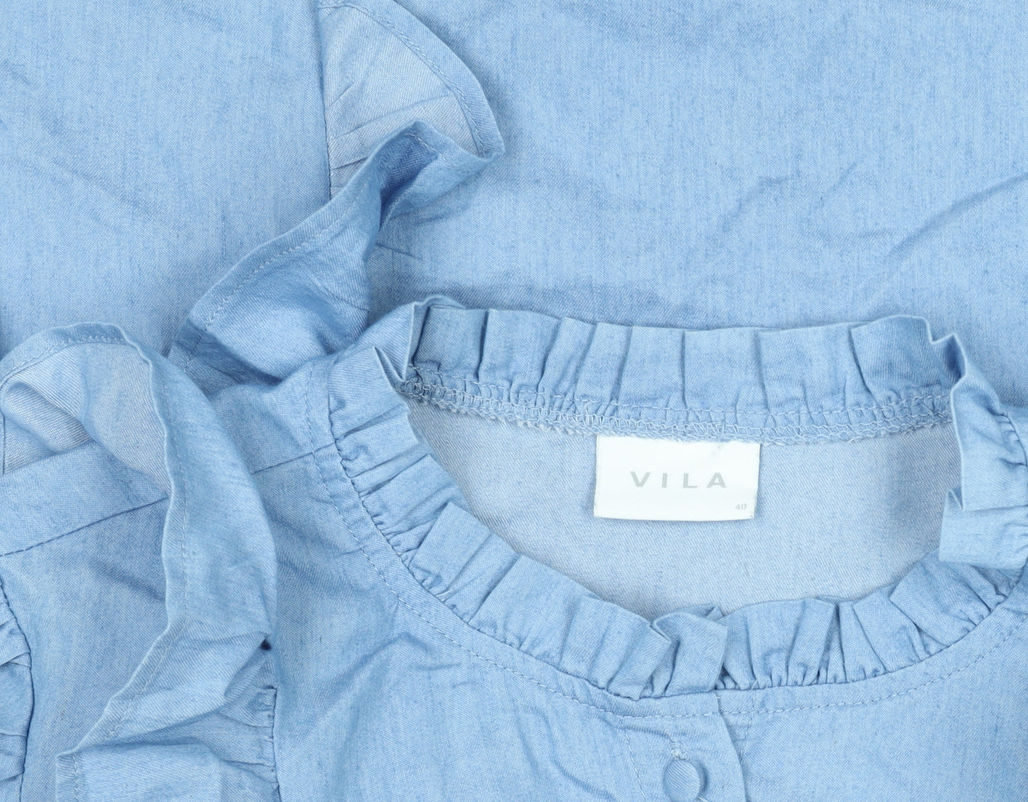 Vila Womens Blue Ruffle Cotton Blouse Size 14 3/4 Sleeve