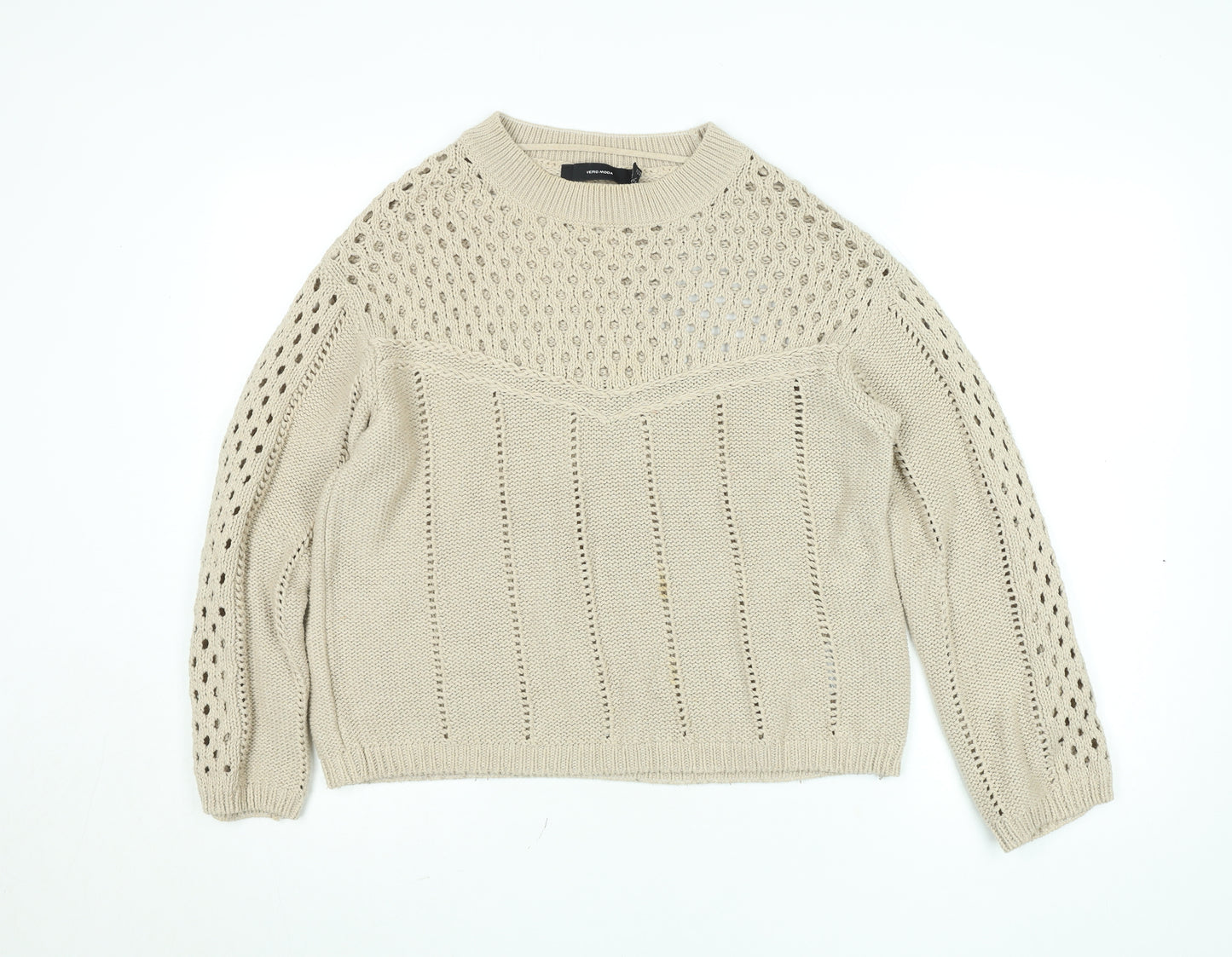 Vero Moda Women Beige Open Knit Cotton Jumper Size S