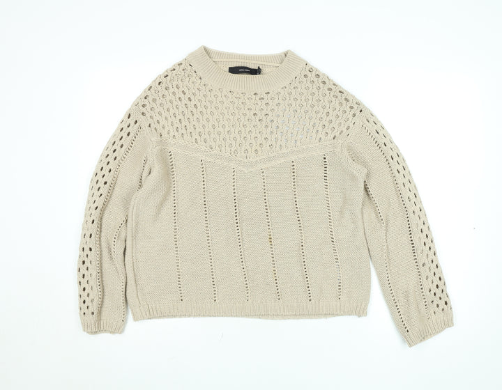 Vero Moda Women Beige Open Knit Cotton Jumper Size S