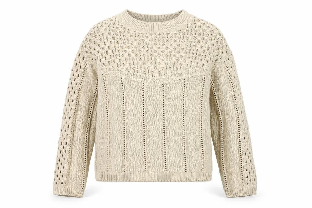 Front view of Vero Moda Women Beige Open Knit Cotton Jumper, size S
